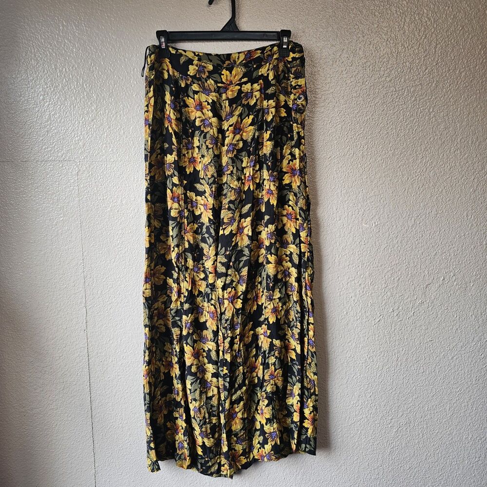 Free People Floral Wide Leg Pant Women Boho Black Yellow Sz 10 Flowy Floral N710